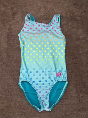 GK Elite Kids Aqua Polka Dot Leotard - Rainbow Dots